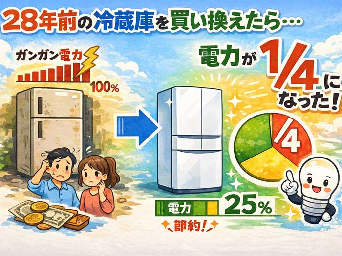 28年前に購入した三菱の冷蔵庫を買い換えたら、電力が1/4になった！
